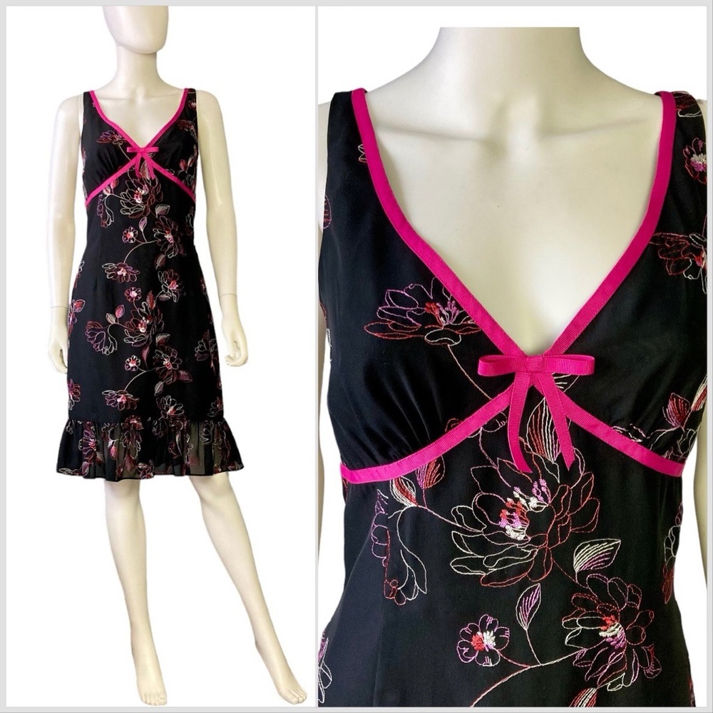 Y2K feminine black floral embroidered empire waist pink bow ruffle dress